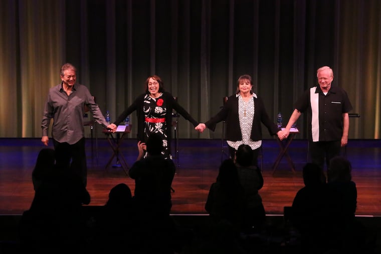 (Left to right:) Adrian Zmed, Didi Conn, Cindy Williams, and Don Most in "Middletown," through April 21 at Bucks County Playhouse and May 28-June 2 at Delaware Theatre Company.