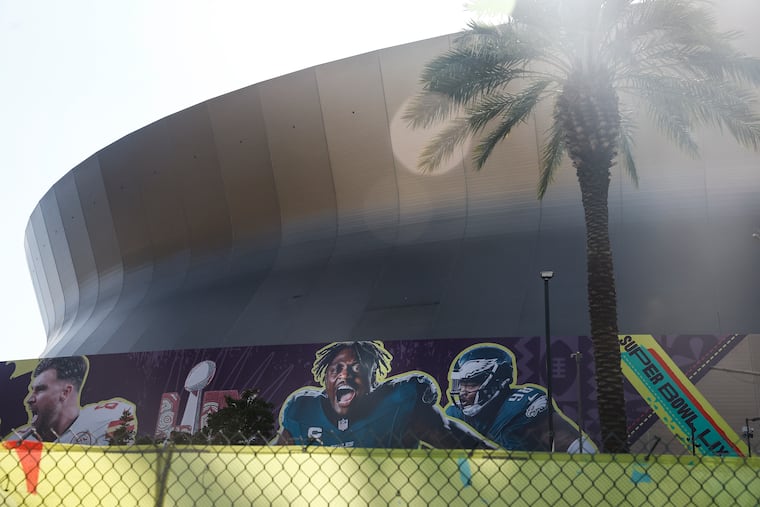 The exterior of the Superdome in New Orleans, where the Eagles will play the Kansas City Chiefs in Super Bowl LIX tonight.