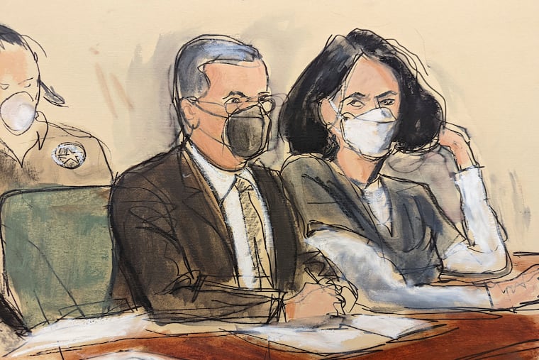 In this courtroom sketch, Ghislaine Maxwell, right, is seated beside her attorney, Christian Everdell, as they watch the prosecutor speak during her sentencing.