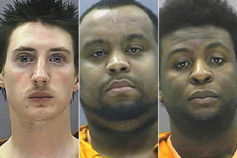 From left, Matthew M. Sadowski, 26; John O. Goins III, 28; and Dorence Y. Caulker, 33; were charged with sexual assault and moral counts.