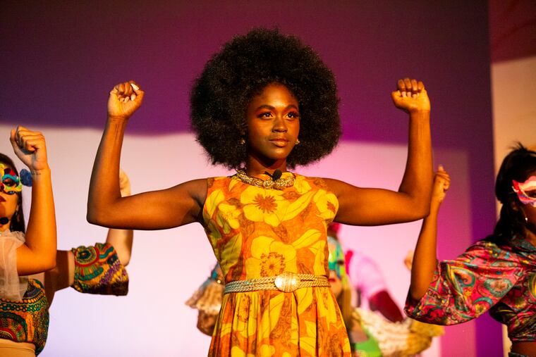 Taylor J. Mitchell leads as Lysistrata in the musical, "Lysistrata, Cross your legs, Sister!" at Church of the Advocate in North Philadelphia, September 13, 2019. The musical is part of the 2019 Fringe Festival.