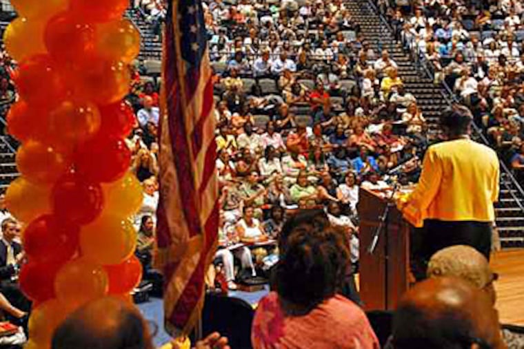 Philadelphia schools superintendent Arlene Ackerman (back to camera at podium) formally kicks off the 2009-10 school year with her Principals' Convocation. ( Tom Gralish / Staff Photographer )