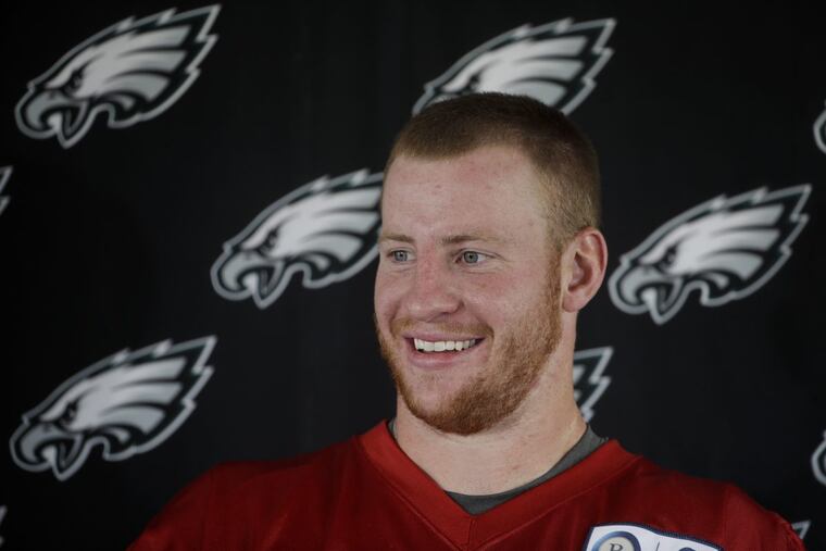 Eagles quarterback Carson Wentz speaking Tuesday at training camp.
