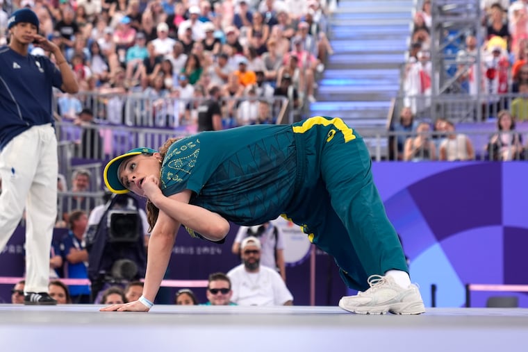Australia's Rachael Gunn, known as B-Girl Raygun, competes during the Round Robin Battle at the breaking competition at the 2024 Summer Olympics on Aug. 9, 2024, in Paris, France.