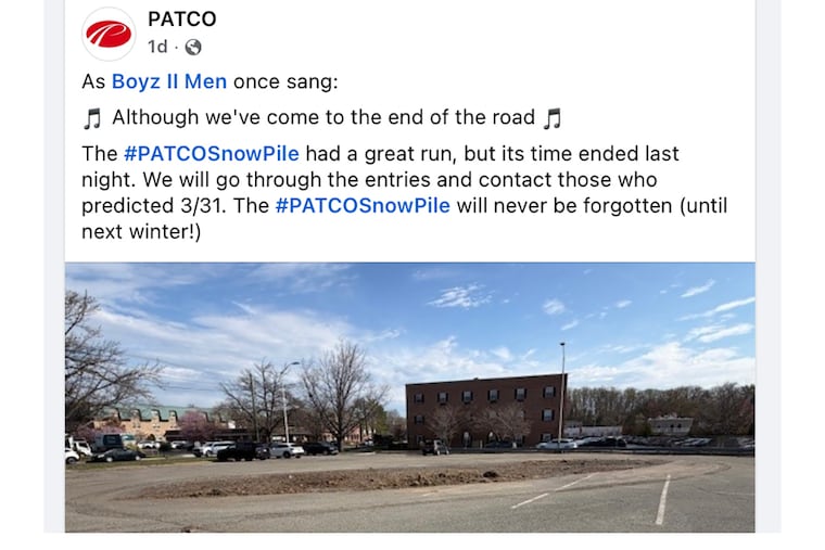 Screen grab of https://www.facebook.com/hashtag/patcosnowpile posted on social media April 1, 2026 announced final melt of the plowed snow pile in a corner of the PATCO Haddonfield station parking lot. The transit agency had started a contest to guess when the humongous snow mountain range would finally melt. They offered  a $20 Freedom Card to the winning guessers. It finally faded on Tuesday, March 31, 2026.