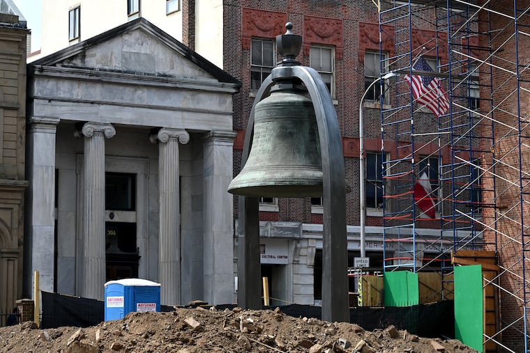 The Bicentennial Bell, installed last week, is in place in the Benjamin Rush Garden at Third and Walnut Streets.