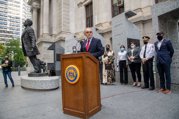 Philadelphia District Attorney Larry Krasner speaks about recent violent attacks against Black transgender women and the need for greater support and protections for LGBT people during a news conference Thursday.