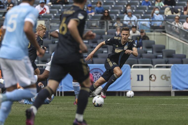 Jack Elliott (right) on the ball during the first half of the Union's win at New York City FC.