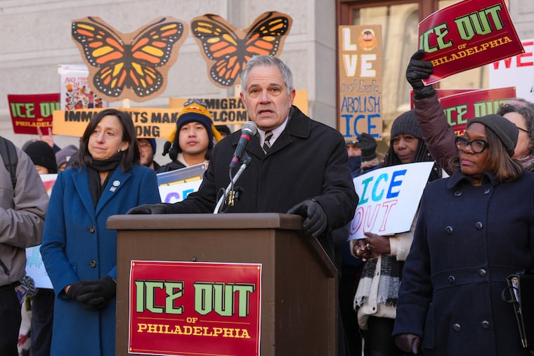 Larry Krasner speaks during a news conference Tuesday at City Hall to announce a package of bills aimed at pushing back against ICE enforcement in Philadelphia.