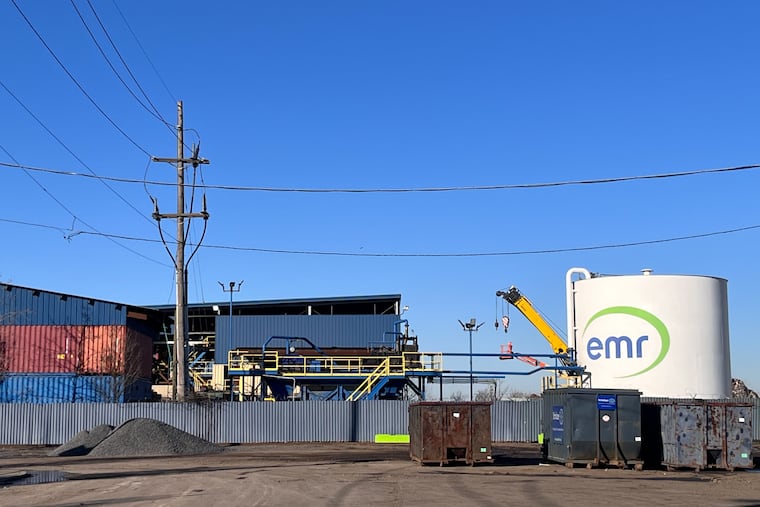 The scene at EMR Metal Recycling in Camden on Saturday, Feb. 22, 2025., the morning after a four-alarm fire sent thick plumes of black smoke over Camden County, and leading some residents to evacuate to nearby hotels.