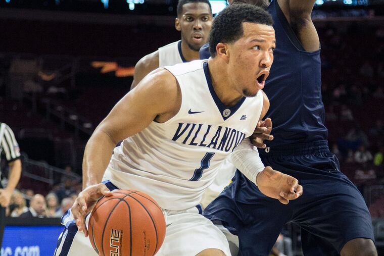Villanova's Jalen Brunson (1) drives past Pace's Shelton Mickell in the second half of an NCAA college basketball game, Sunday, Nov. 8, 2015, in Philadelphia.