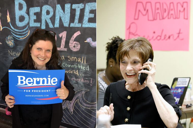 Kathryn Hiester (left) stopped by Bernie Sanders' field office at 10th and Diamond for more signs and bumper stickers. Michele Longenderfer (right) makes phone calls at Hillary Clinton's headquarters on the 15th floor of 1801 Market St.