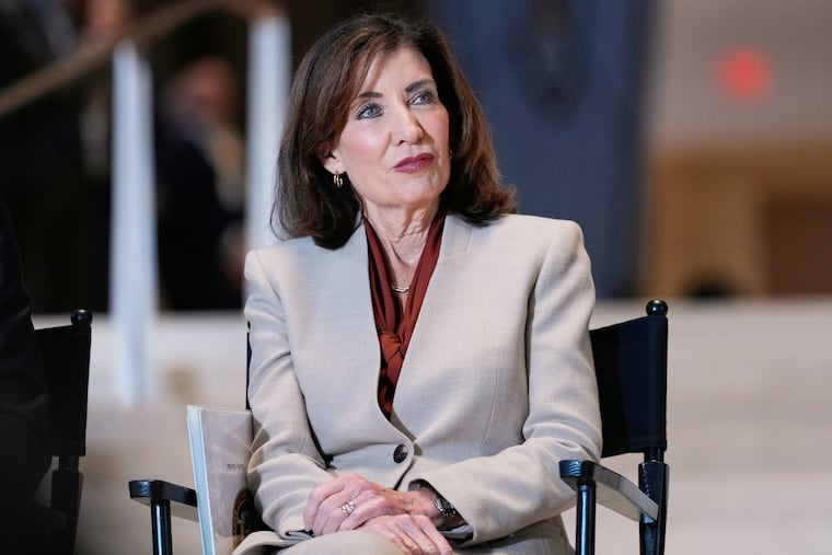 FILE - New York Governor Kathy Hochul participates in a ribbon cutting ceremony at the new JPMorgan Chase offices in New York, Oct. 21, 2025.
