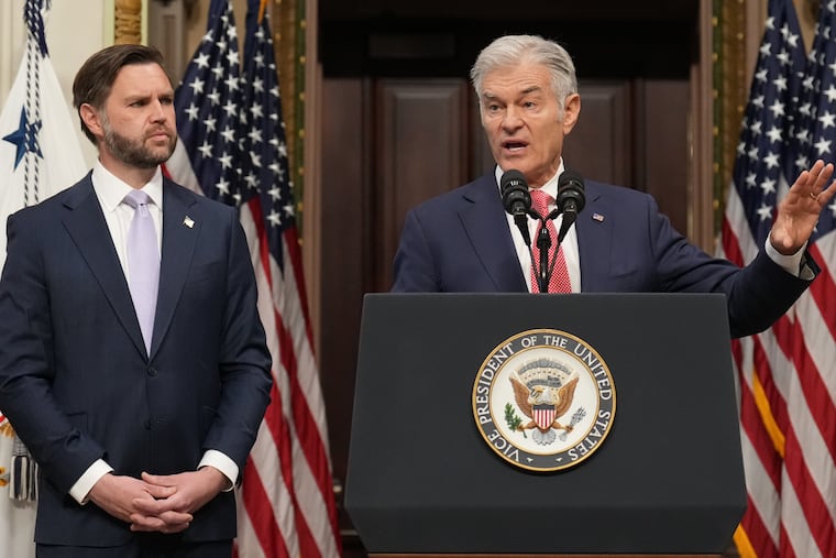 Vice President JD Vance listens as Centers for Medicare & Medicaid Services Administrator Dr. Mehmet Oz speaks at the Eisenhower Executive Office Building on the White House campus. (AP Photo/Jacquelyn Martin)
