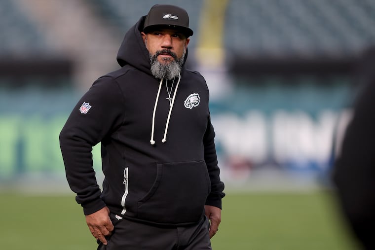 Eagles running backs coach Jemal Singleton watches warmups before the game against the Chicago Bears at Lincoln Financial Field on Nov. 28.
