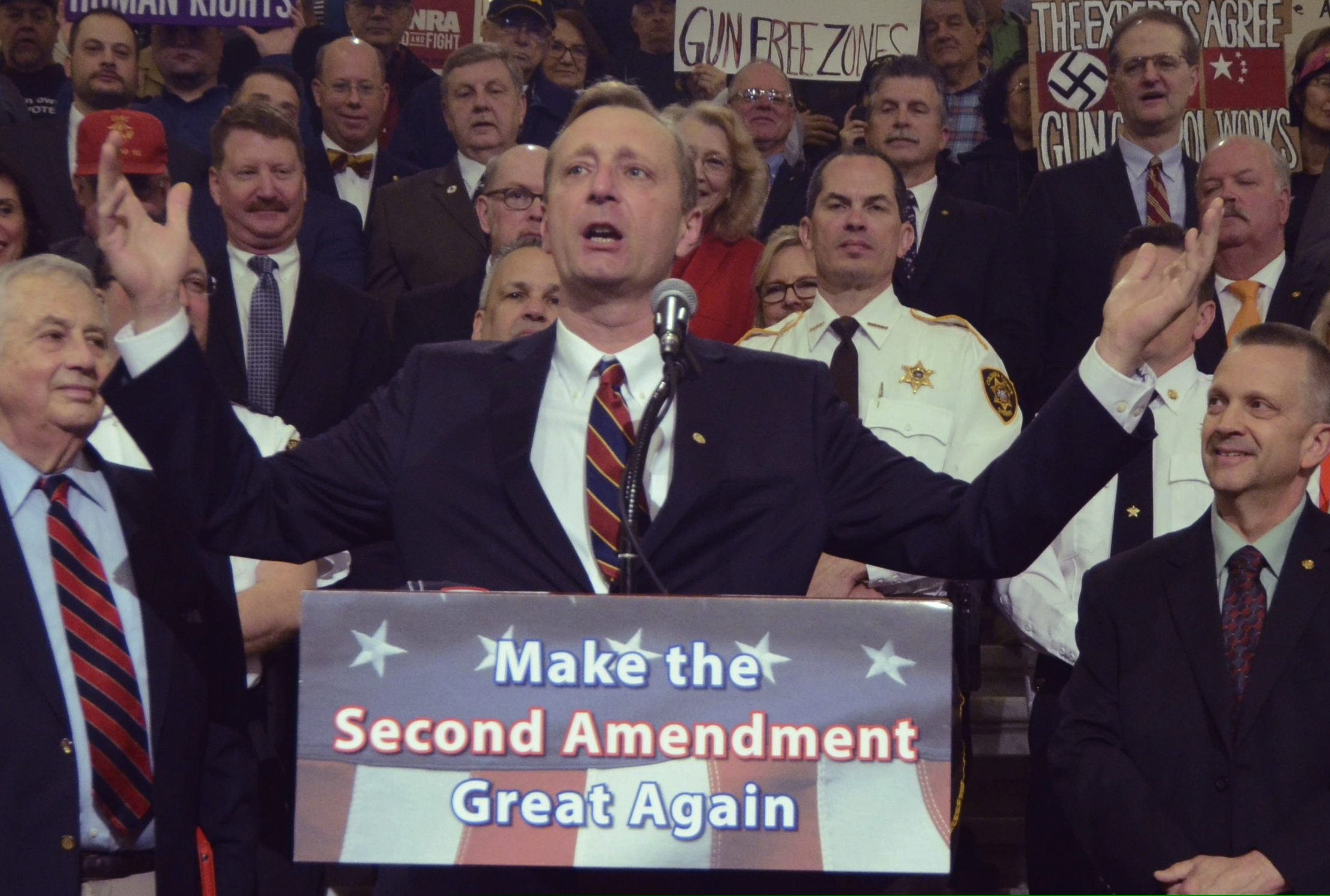 In this April 30, 2018 file photo, Pennsylvania state Rep. Jeff Pyle, R-Armstrong, speaks at an annual gun rights rally in the state Capitol Rotunda in Harrisburg.
