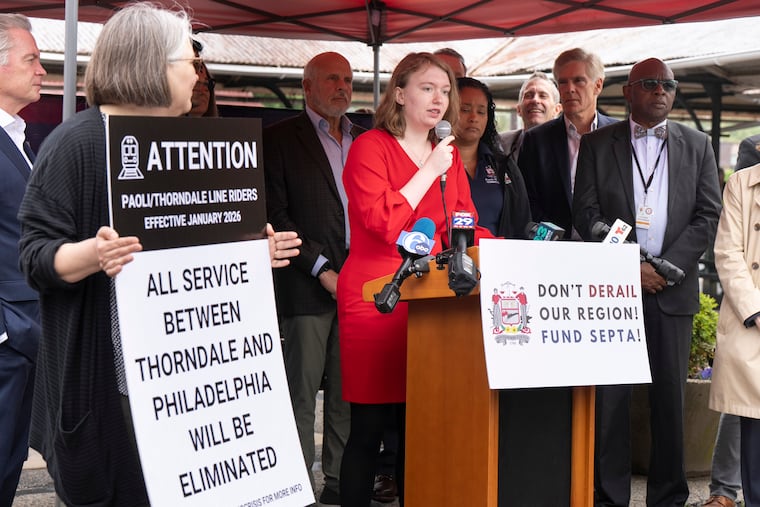 Olivia Loudon, a senior history major from Columbus, Ohio, speaks at a press conference at the Bryn Mawr Station on SEPTA's Paoli-Thorndale Regional Rail Line.