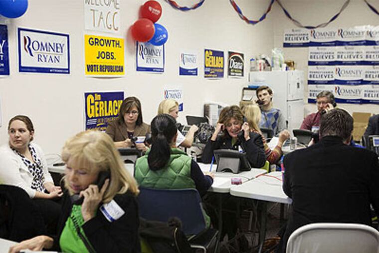 At a Romney campaign office in Paoli, Lori Hamilton (foreground) and other Romney supporters at work. (Ed Hille / Staff Photographer)