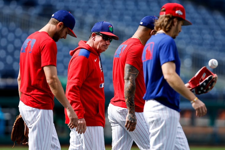 Manager Rob Thomson and the Phillies had a workout at Citizens Bank Park on Tuesday as they await their opponent in the NLDS, which begins Saturday.