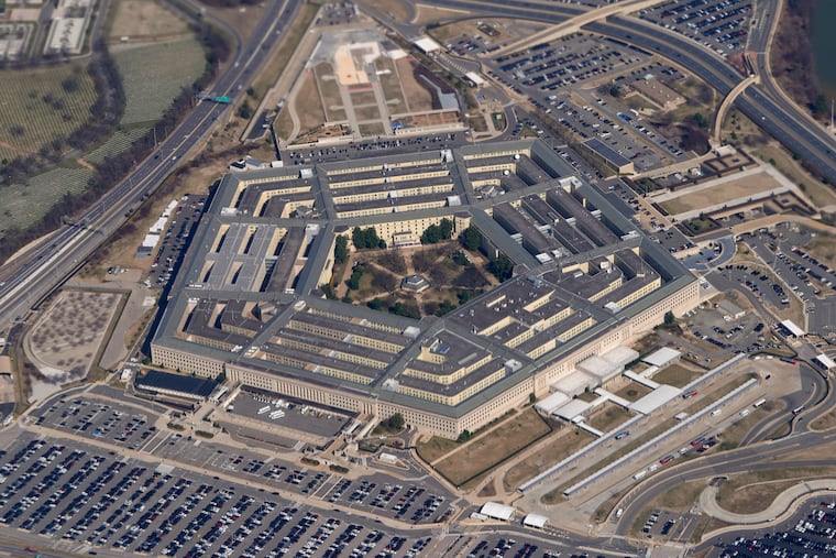 The Pentagon is seen from Air Force One as it flies over Washington, March 2, 2022.