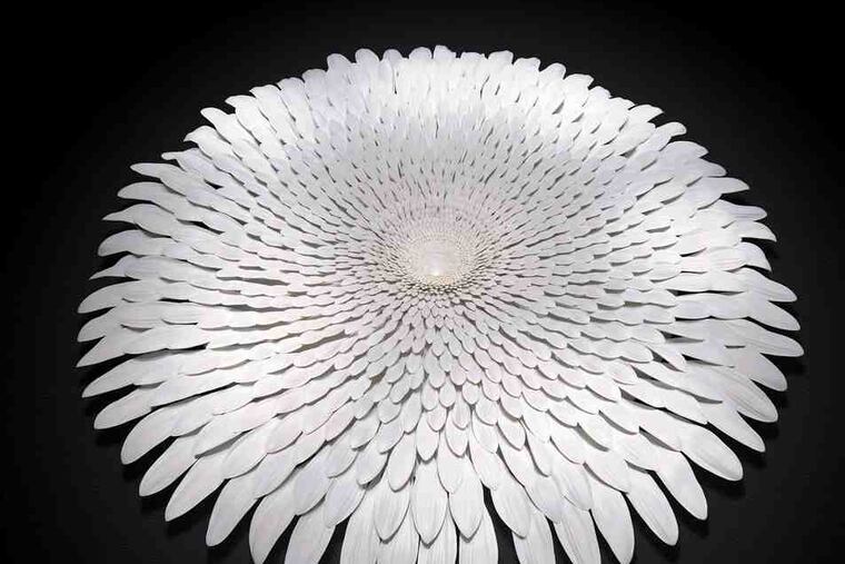 "Forever Never," a sculpture in plastic resin, metal, wood, and fiberglass that is part of the "Field Guide: Markus Baenziger" exhibition at Haverford College.