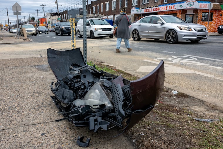 The scene at Torresdale and Harbison Avenues in Frankford on Sunday, March 15, 2026, where an infant was killed earlier in the morning. A private ambulance carrying the infant and her mother sped through a red light and crashed, police said.