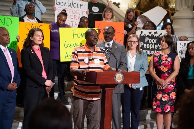 John, a recipient of General Assistance, shared his experiences using the program at a June 4 rally at the state capitol in Harrisburg. State Rep. Elizabeth Fiedler is pictured at left.