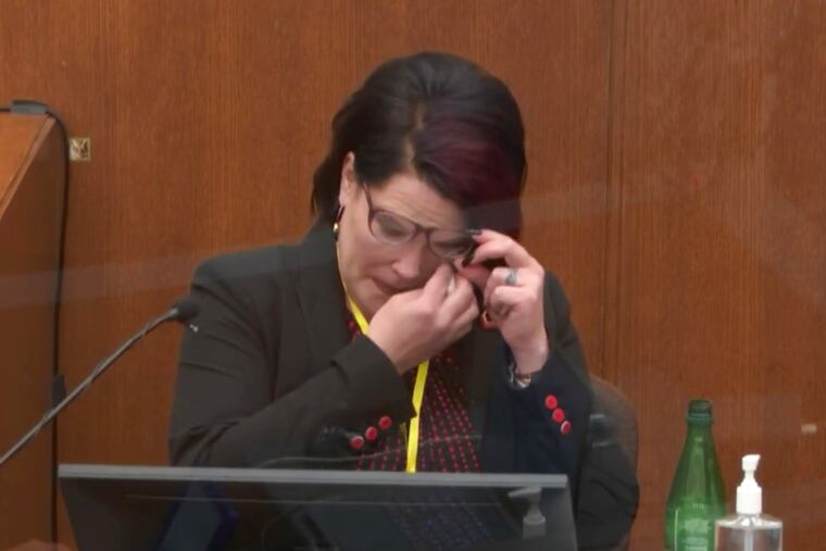 In this image from video, witness Courteney Ross answers a question Thursday in the trial of former Minneapolis police officer Derek Chauvin at the Hennepin County Courthouse in Minneapolis.