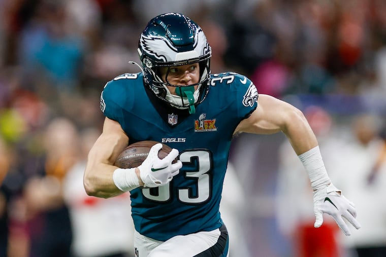 Eagles cornerback Cooper DeJean runs for touchdown after intercepting the ball during the second quarter of the NFL Super Bowl LIX game Sunday, Feb. 9, 2025, in New Orleans.