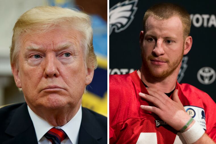 On Monday night, President Trump (left) announced that he'd disinvited the Eagles, including player Carson Wentz (right), from the White House, where they were scheduled to appear to celebrate their Super Bowl win.