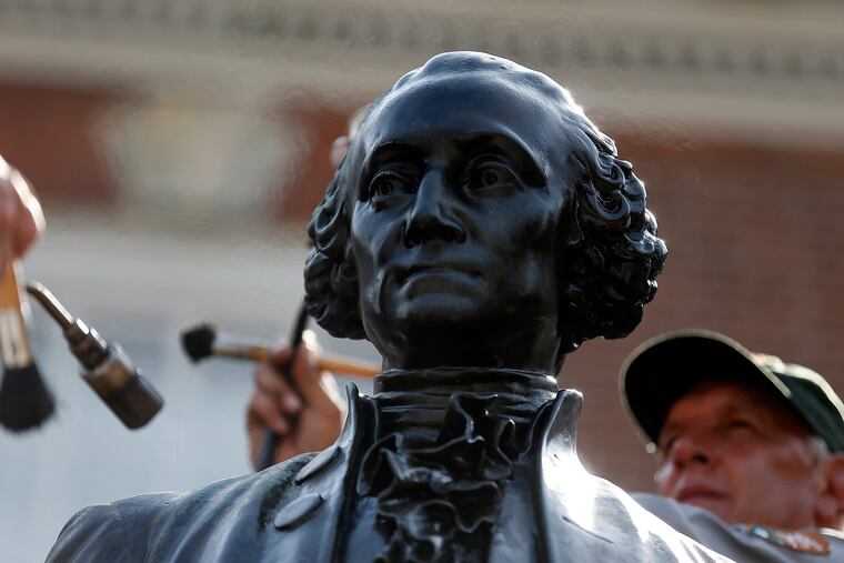 The statue of George Washington outside Independence Hall.