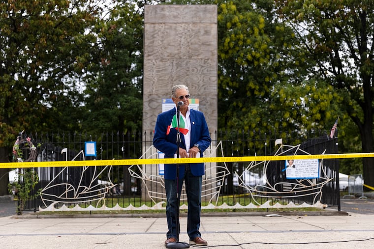 File photo of lawyer George Bochetto speaking to press and community members at the Christopher Columbus Statue in Marconi Plaza in South Philadelphia in 2021.