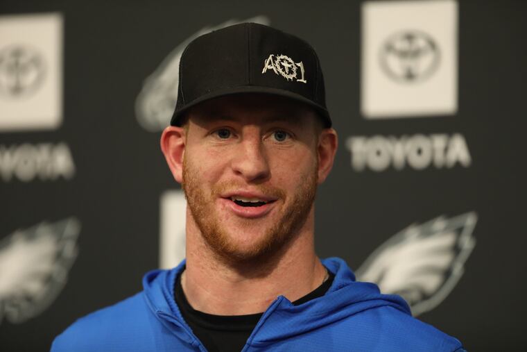 Quarterback Carson Wentz speaks about his return at the Philadelphia Eagles' NovaCare Complex Wednesday September 19, 2018. DAVID SWANSON / Staff Photographer
