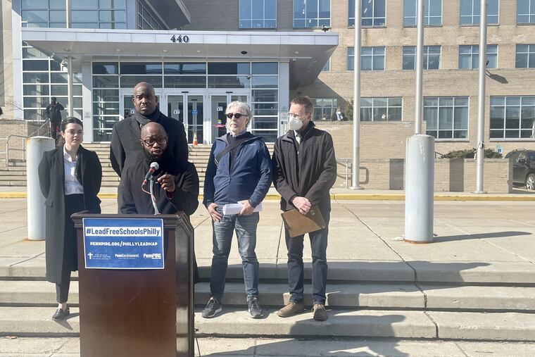 The Rev. Willie Francois of the Black Church Center for Justice and Equality discusses lead in Philadelphia School District drinking water. His organization and others released a report detailing what they say are problematic levels of lead in water sources across city schools. With Francois are (left to right) Emma Horst-Martz of the PennPIRG Education Fund, City Councilmember Derek Green, and David Masur of PennEnvironment Research and Policy Center.