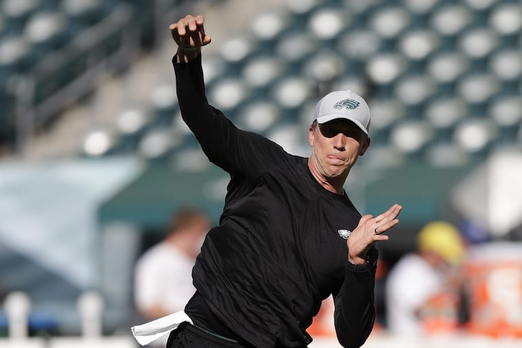 Eagles quarterback Nick Foles throws the football during warm-ups before the Eagles play a preseason game against the New York Jets Thursday, August 30, 2018. YONG KIM / Staff Photographer
