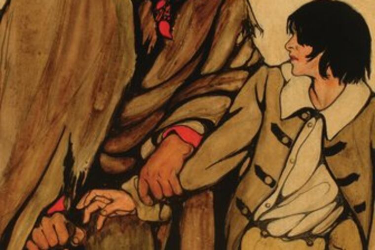 "Take me in straight or I'll break your arm," an illustration from "Treasure Island" by artist Elenore Plaisted Abbott at the Delaware Art Museum.