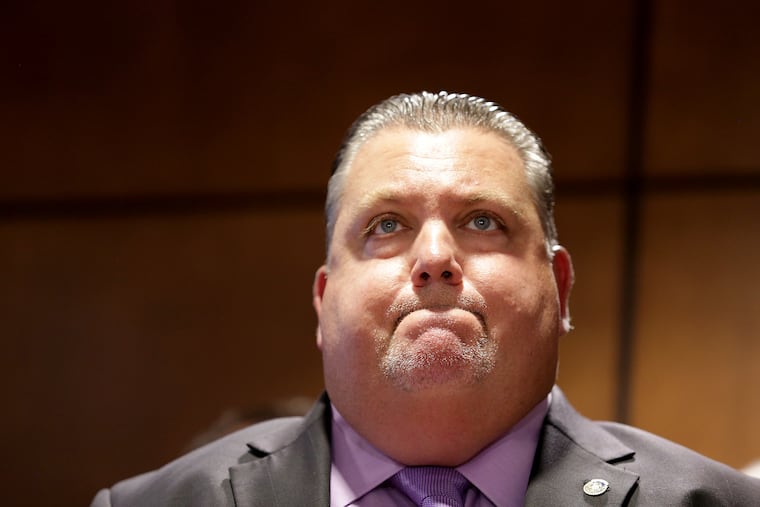 FOP Lodge 5 President John McNesby reacts after criminal filing against officer Ryan Pownall during a news conference at FOP Headquarters in Philadelphia, PA on September 4, 2018. DAVID MAIALETTI / Staff Photographer