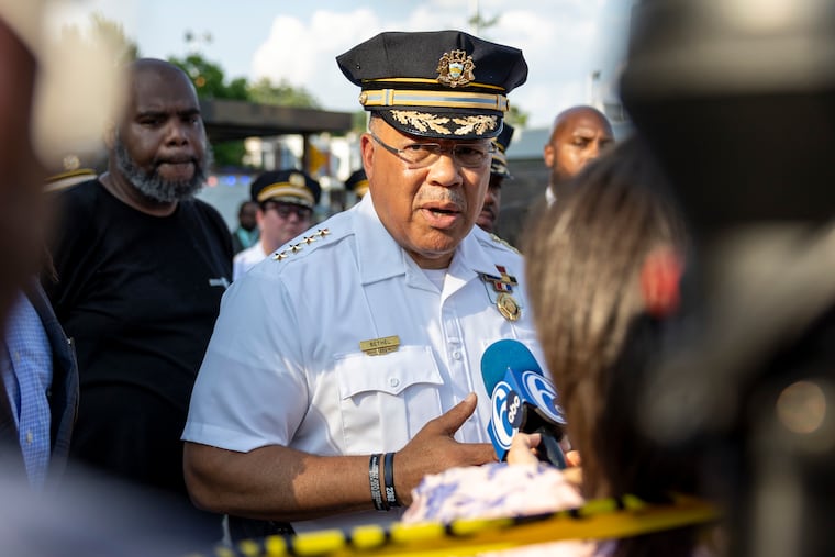 Philadelphia Police Commissioner Kevin J. Bethel updates reporters on a shooting at the Christy Recreation Center in West Philadelphia in July.