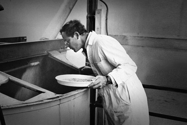 Vintage photo of reviver Fritz Maytag at his bar-setting brewery.