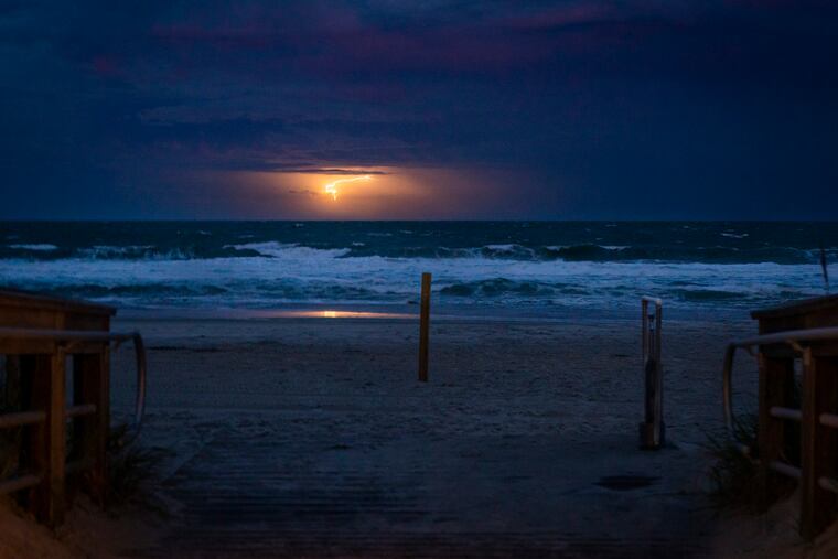 Lightning is seen over the Atlantic Ocean on Sept. 4, 2019, as Hurricane Dorian approaches Carolina Beach, N.C.