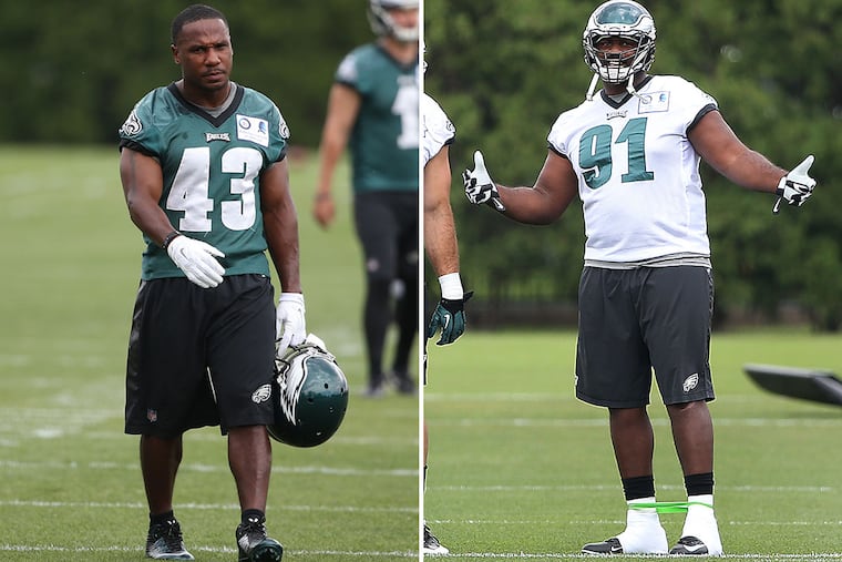 Eagles (from left) Darren Sproles and Fletcher Cox at mini-camp on Tuesday. DAVID MAIALETTI / Staff Photographer
