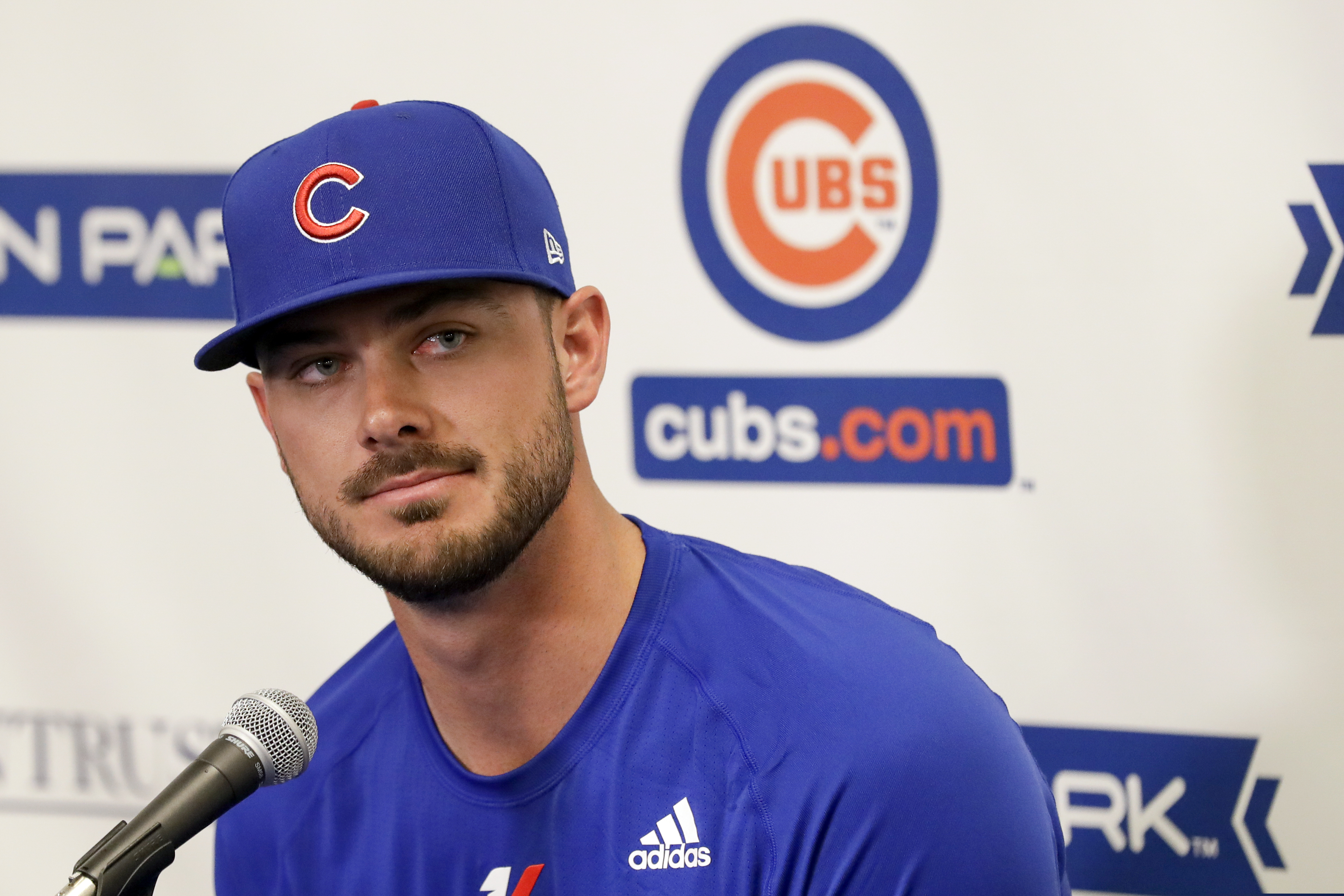Chicago Cubs third baseman Kris Bryant speaks to reporters on Saturday in Mesa, Ariz.