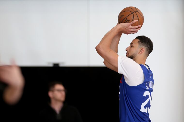 Ben Simmons shooting at the end of practice at the Sixers Training Complex in Camden on Feb. 19.