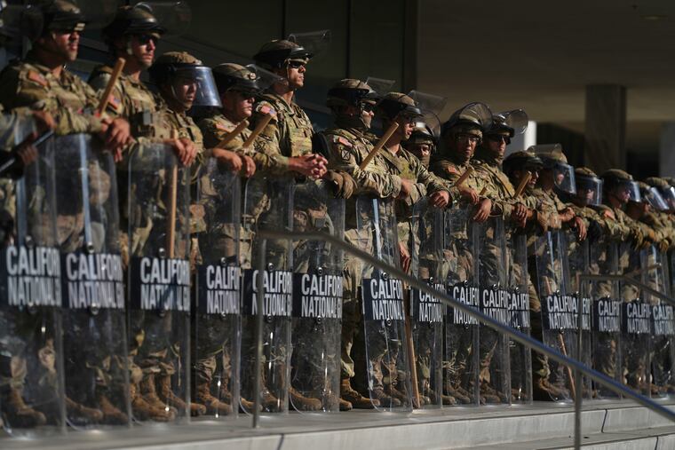 Members of the California National Guard at the Federal Building in downtown Los Angeles in June.