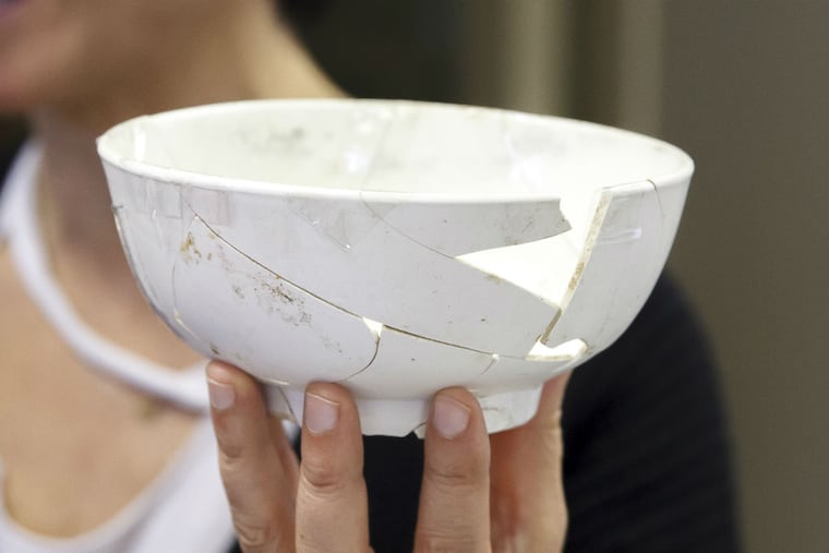 This porcelain bowl, estimated to have been created in the 1770s, was discovered in the 2014 archaeological digs preceding the construction of the Museum of the American Revolution. It was originally catalogued as a white, salt-glazed stoneware slop bowl with an unusual matte finish, but subsequent physical spectrographic analysis revealed its composition to be true or "hard-paste" porcelain.