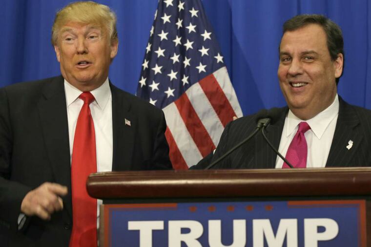 Republican presidential candidate Donald Trump stands with New Jersey Gov. Chris Christie before a rally in Fort Worth, Texas, Friday, Feb. 26, 2016.