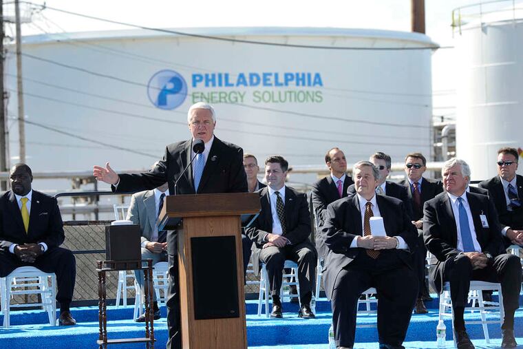 Gov. Corbett spoke at the renaming of the Sunoco refinery, now known as Philadelphia Energy Solutions Refinery, on Passyunk Avenue.