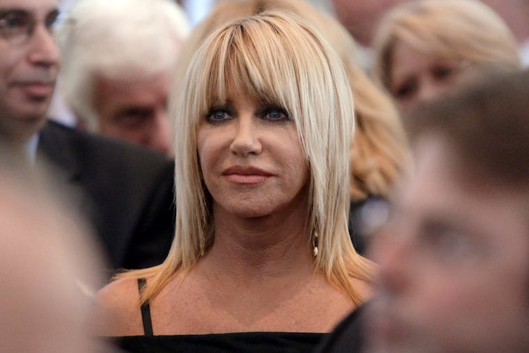 Suzanne Somers is seen during the funeral services for Merv Griffin at the Church of the Good Shepherd in Beverly Hills, Calif., in 2017.