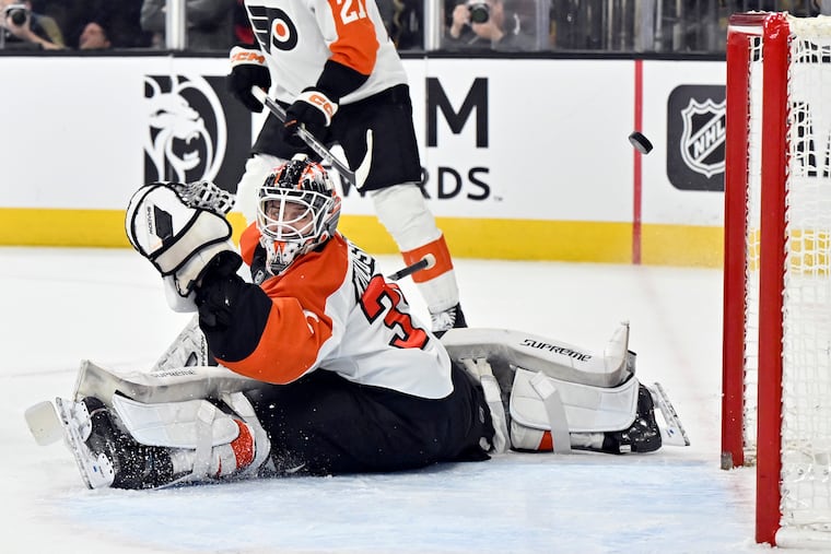 Flyers goaltender Aleksei Kolosov watches the puck get past him during the second period of Thursday's game in Las Vegas.