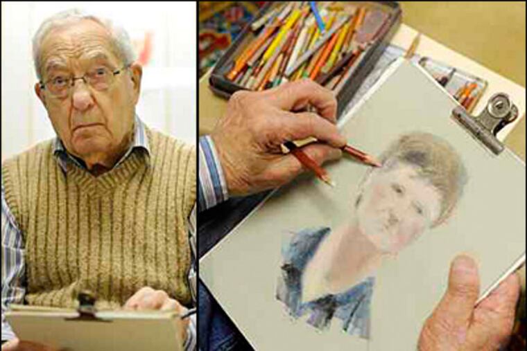 Leo Weisz works on his portrait of Sheri Keshishian during one of the weekly art classes at Green Hill Condominiums. (Clem Murray / Staff)